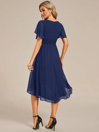 Women's Elegant Ruched Midi Wedding Guest Dress with Flutter Sleeve