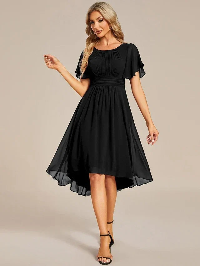 Women's Elegant Ruched Midi Wedding Guest Dress with Flutter Sleeve