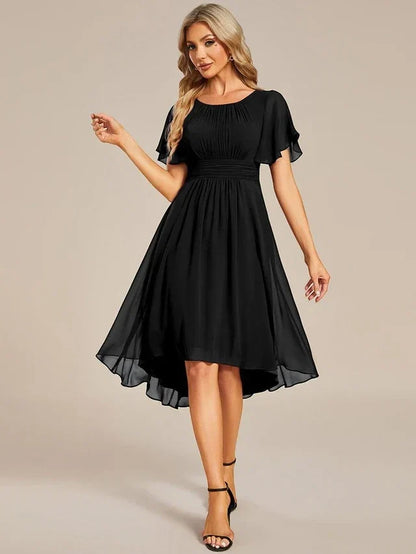 Women's Elegant Ruched Midi Wedding Guest Dress with Flutter Sleeve