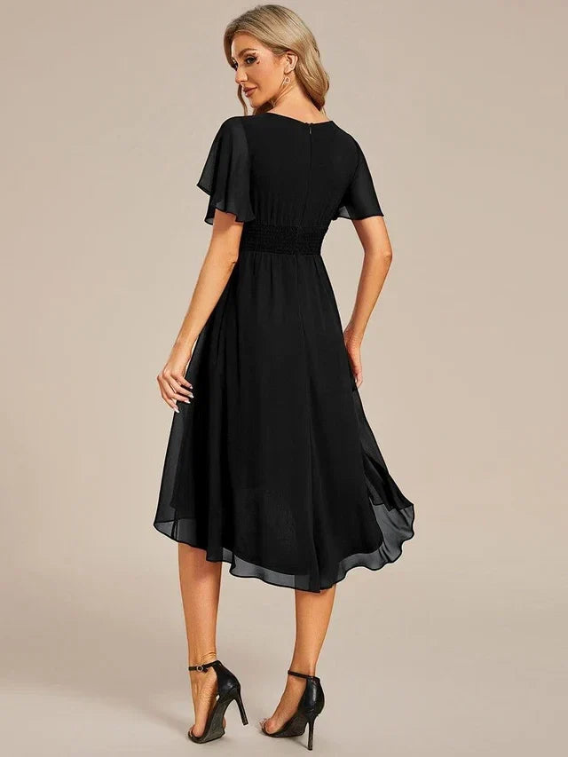 Women's Elegant Ruched Midi Wedding Guest Dress with Flutter Sleeve
