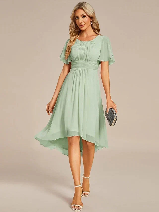 Women's Elegant Ruched Midi Wedding Guest Dress with Flutter Sleeve
