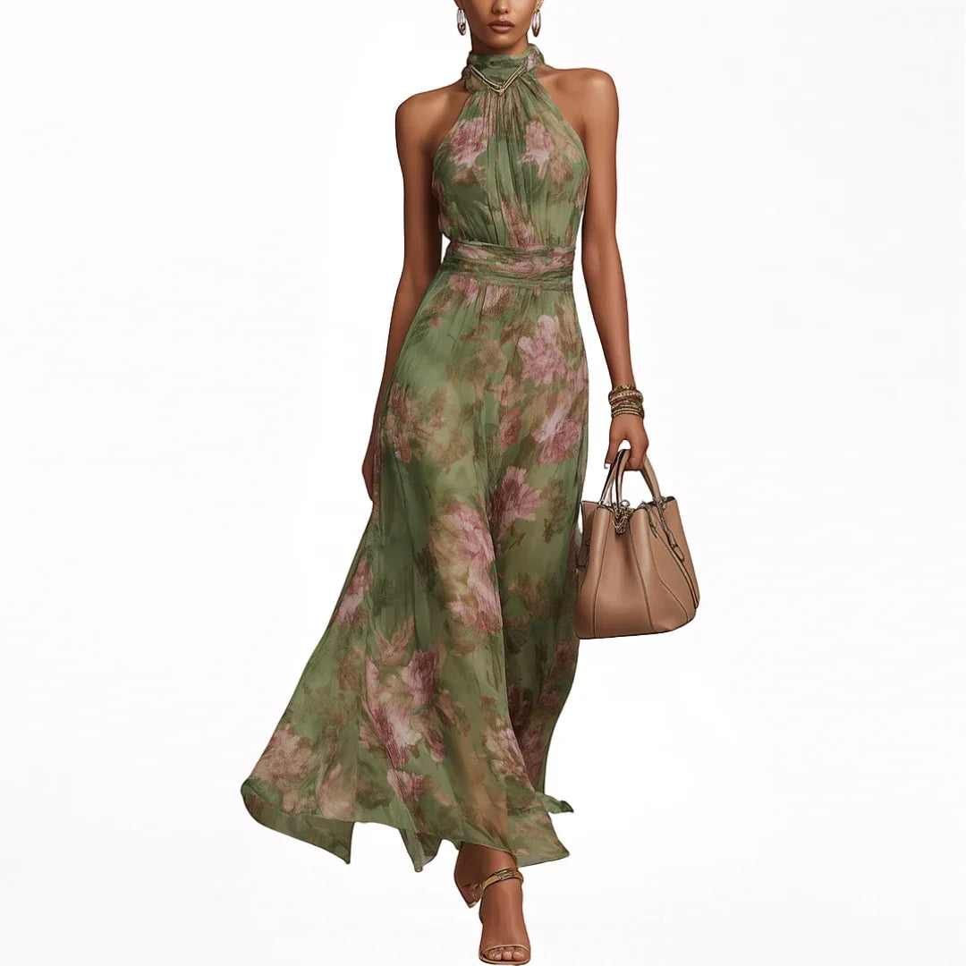 Women's Floral Elegant Maxi Wedding Guest Dress with Halter Neck