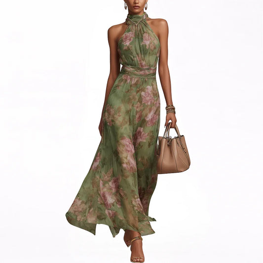 Women's Floral Elegant Maxi Wedding Guest Dress with Halter Neck