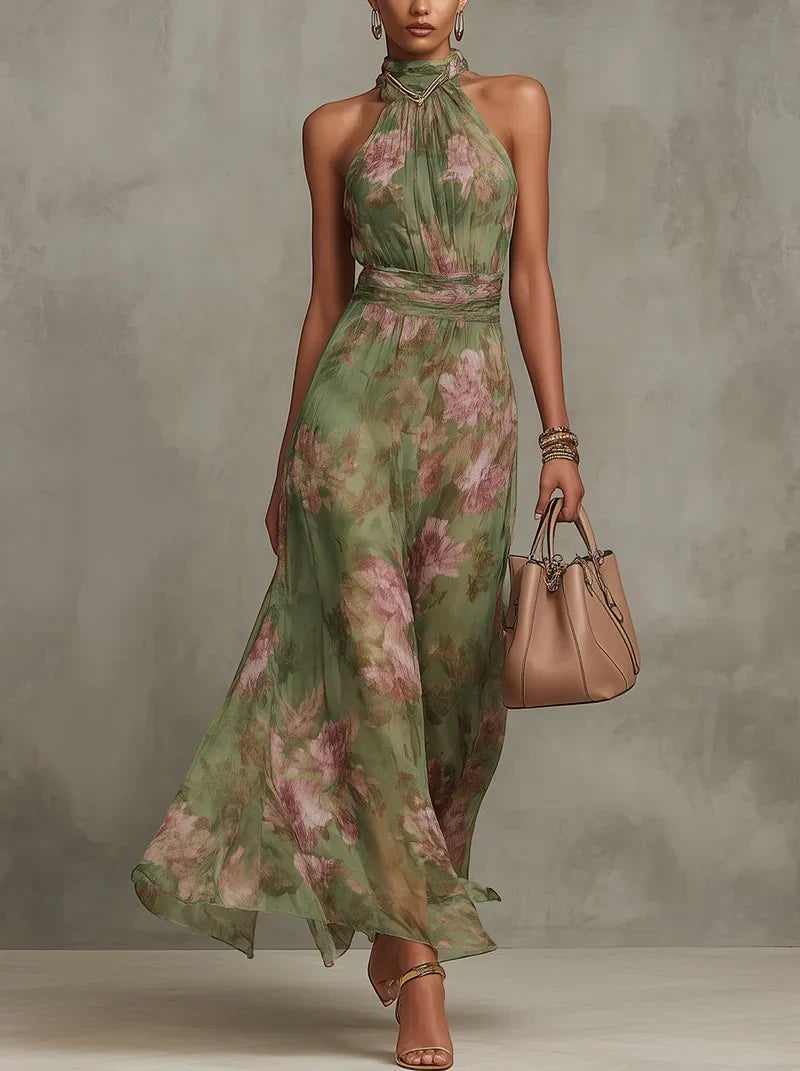 Women's Floral Elegant Maxi Wedding Guest Dress with Halter Neck