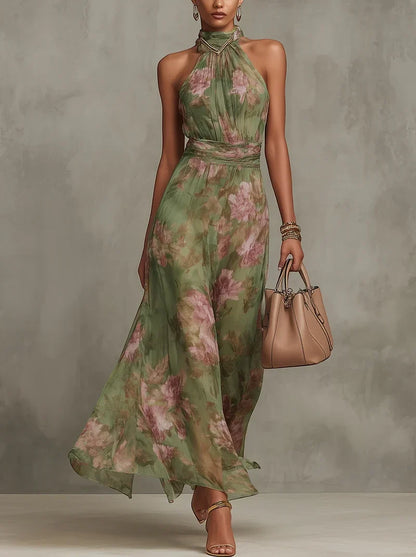 Women's Floral Elegant Maxi Wedding Guest Dress with Halter Neck