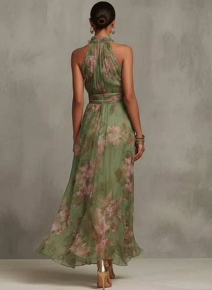 Women's Floral Elegant Maxi Wedding Guest Dress with Halter Neck