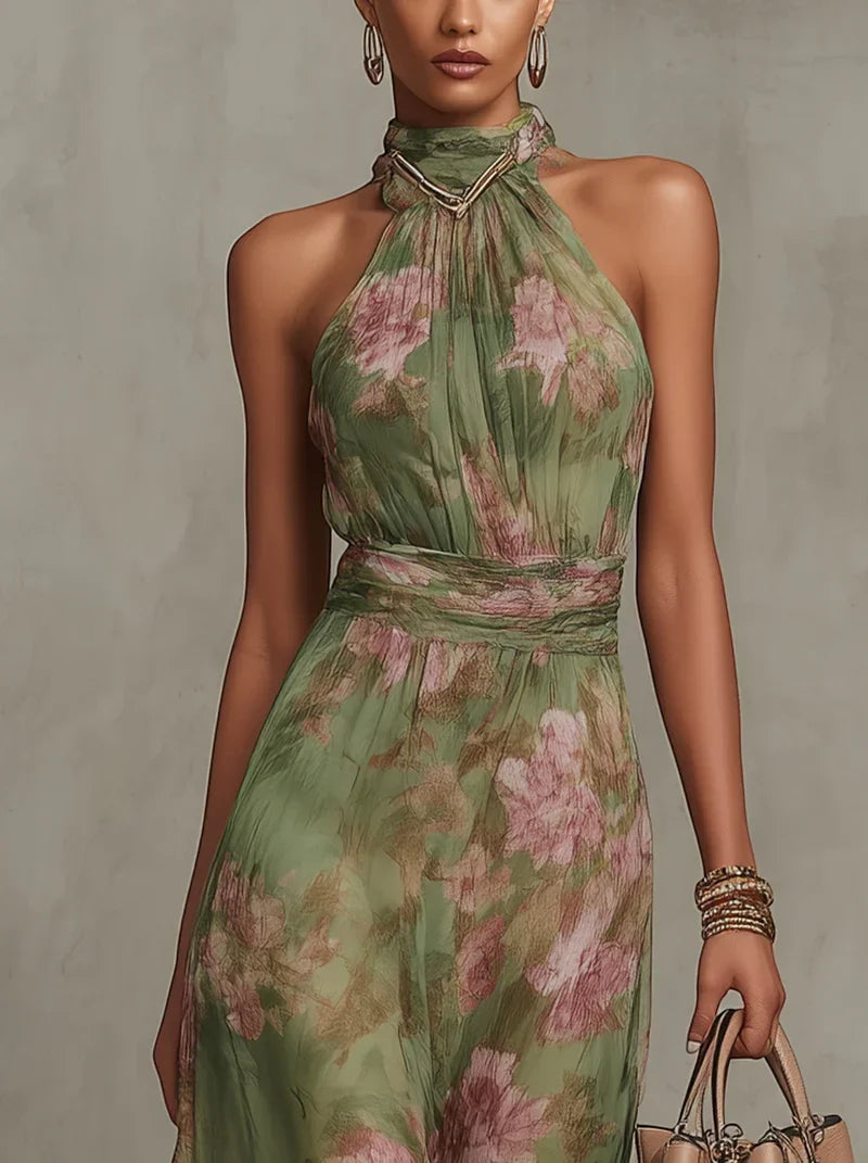 Women's Floral Elegant Maxi Wedding Guest Dress with Halter Neck