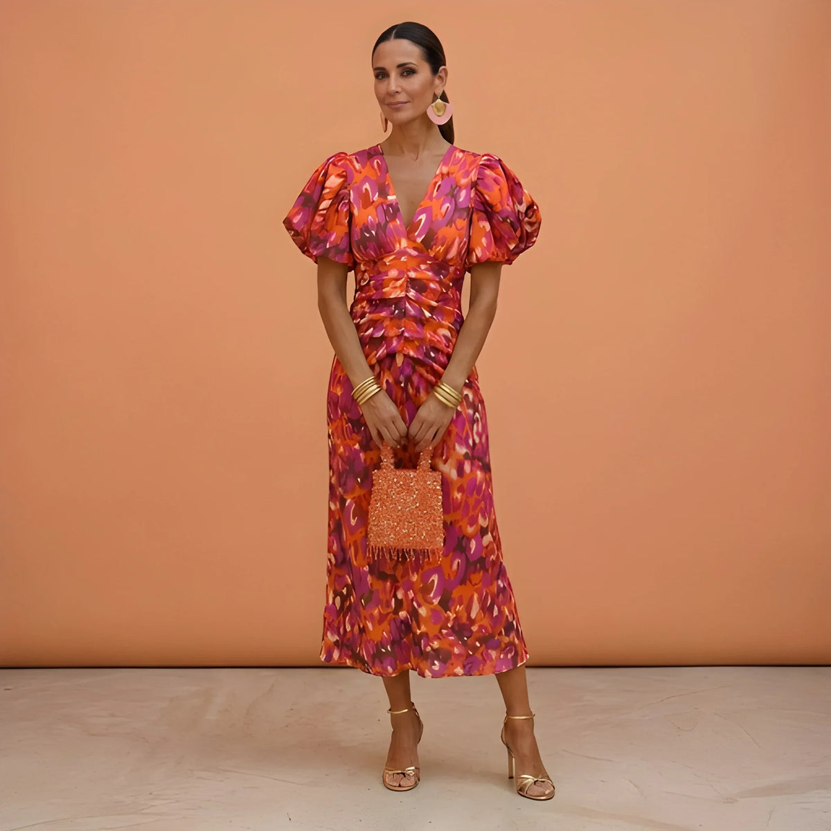 Women's Floral V Neck Midi Wedding Guest Dress with Balloon Sleeve
