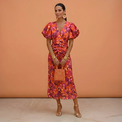 Women's Floral V Neck Midi Wedding Guest Dress with Balloon Sleeve