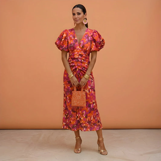 Women's Floral V Neck Midi Wedding Guest Dress with Balloon Sleeve