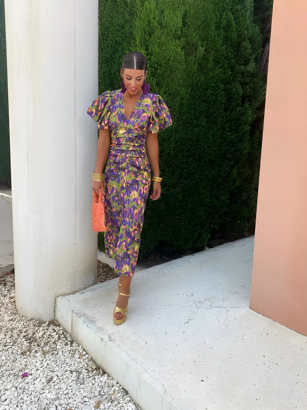 Women's Floral V Neck Midi Wedding Guest Dress with Balloon Sleeve
