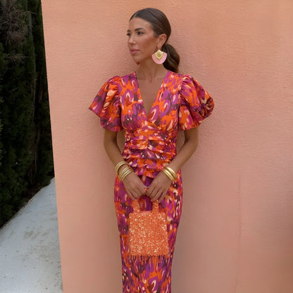 Women's Floral V Neck Midi Wedding Guest Dress with Balloon Sleeve