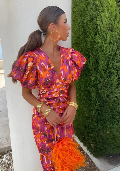 Women's Floral V Neck Midi Wedding Guest Dress with Balloon Sleeve