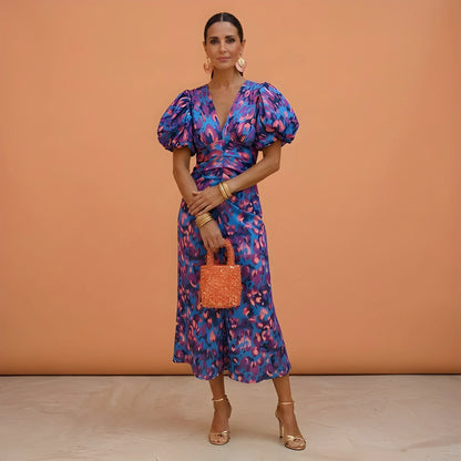 Women's Floral V Neck Midi Wedding Guest Dress with Balloon Sleeve