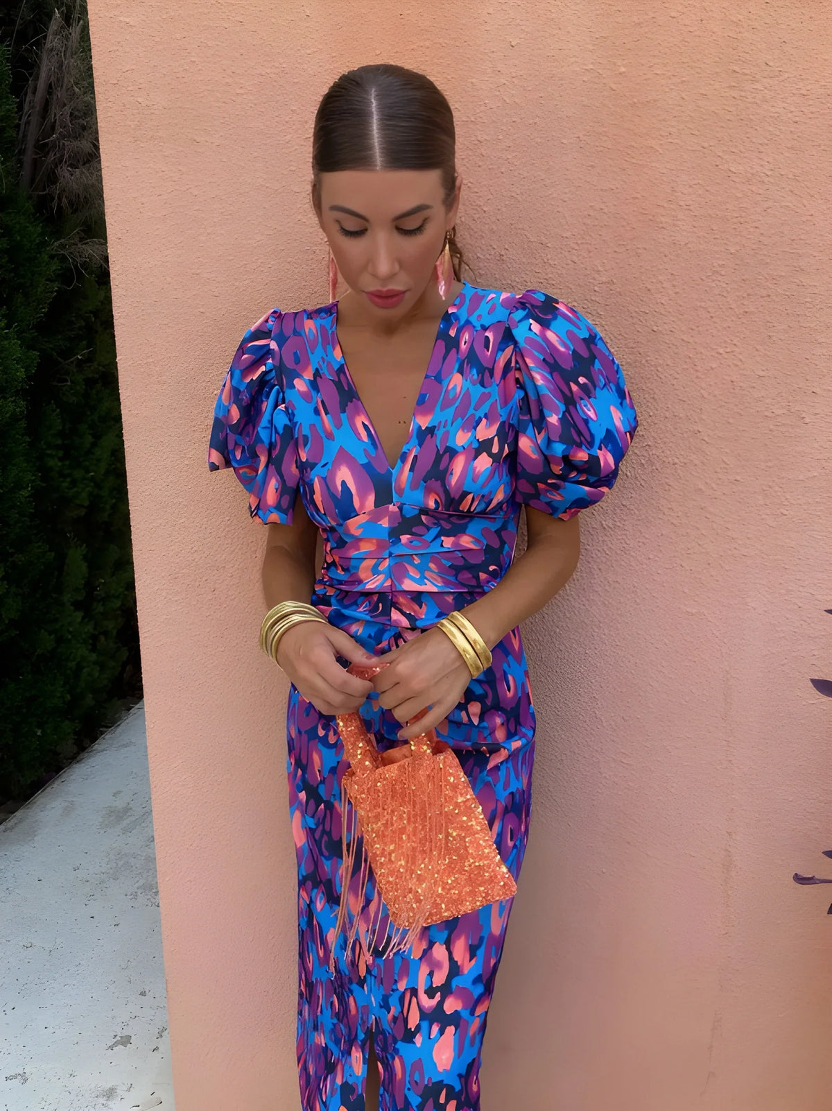 Women's Floral V Neck Midi Wedding Guest Dress with Balloon Sleeve