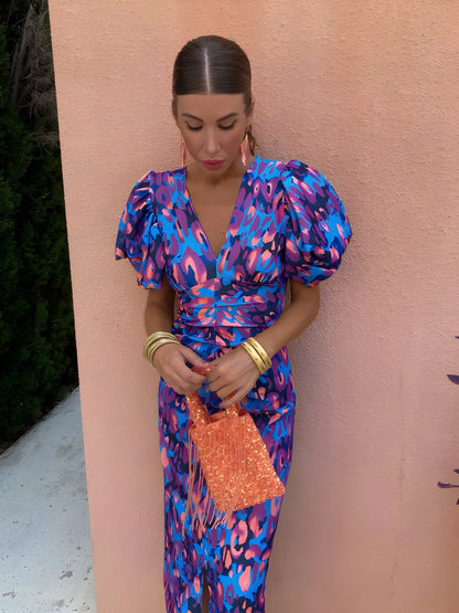 Women's Floral V Neck Midi Wedding Guest Dress with Balloon Sleeve