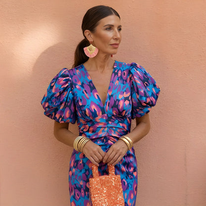 Women's Floral V Neck Midi Wedding Guest Dress with Balloon Sleeve