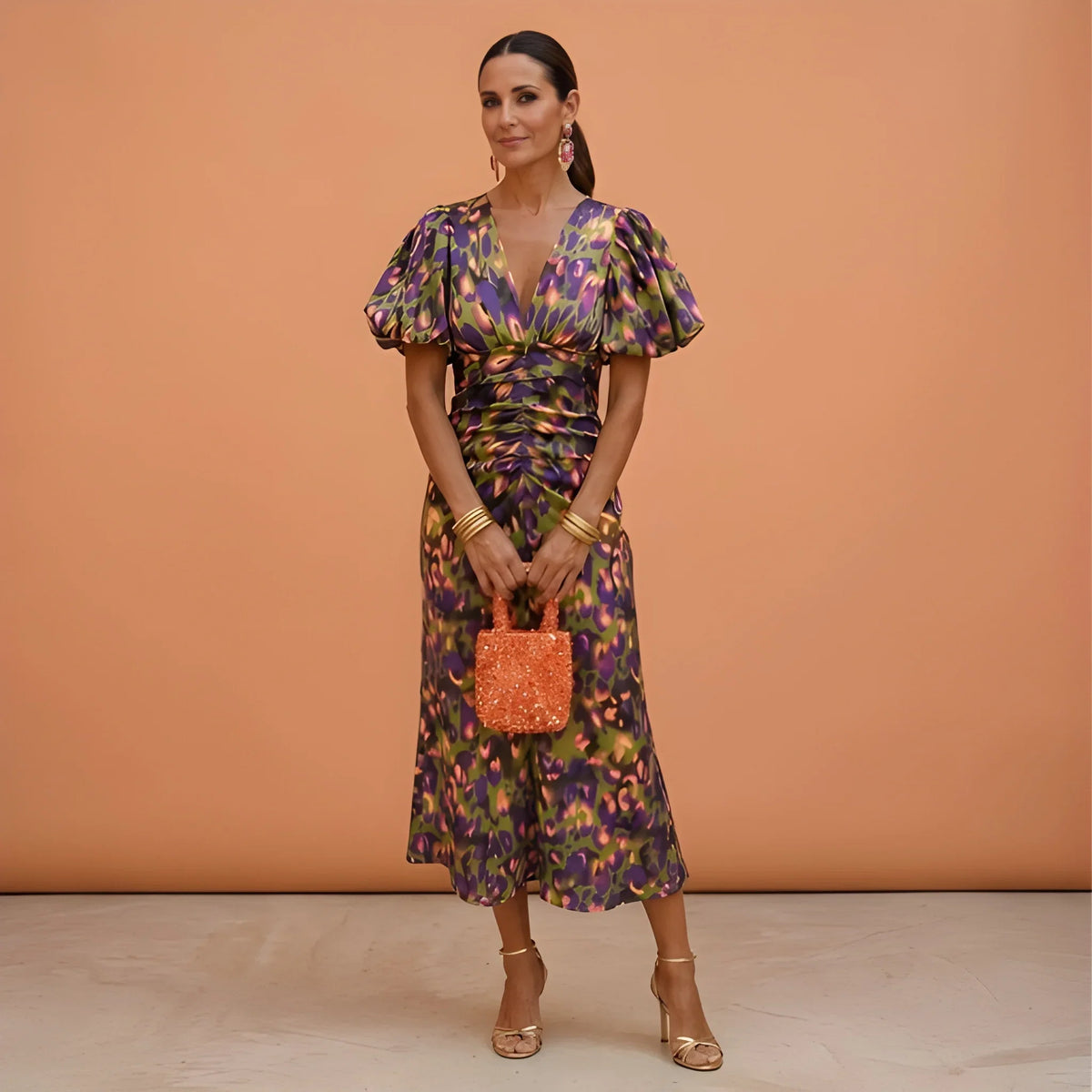 Women's Floral V Neck Midi Wedding Guest Dress with Balloon Sleeve