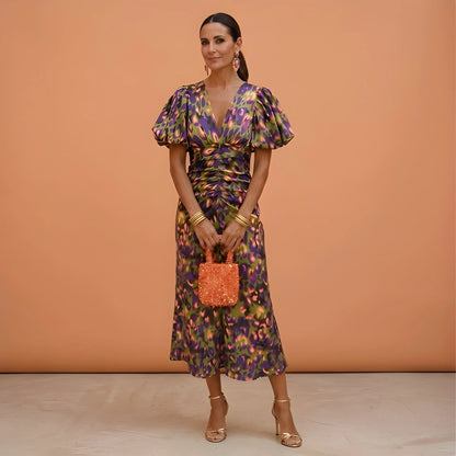 Women's Floral V Neck Midi Wedding Guest Dress with Balloon Sleeve
