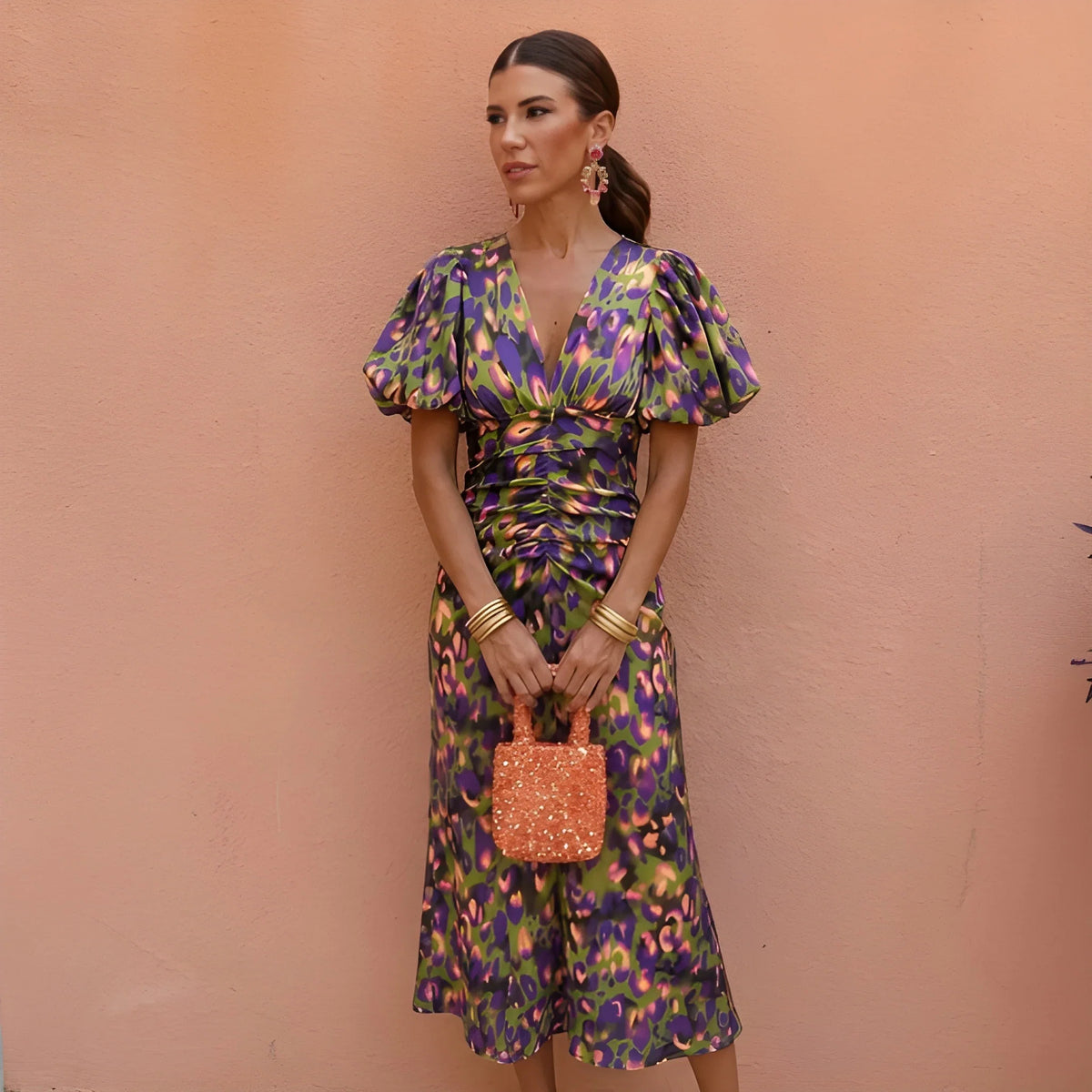 Women's Floral V Neck Midi Wedding Guest Dress with Balloon Sleeve