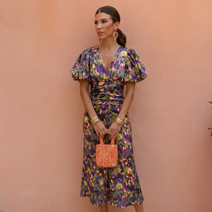Women's Floral V Neck Midi Wedding Guest Dress with Balloon Sleeve