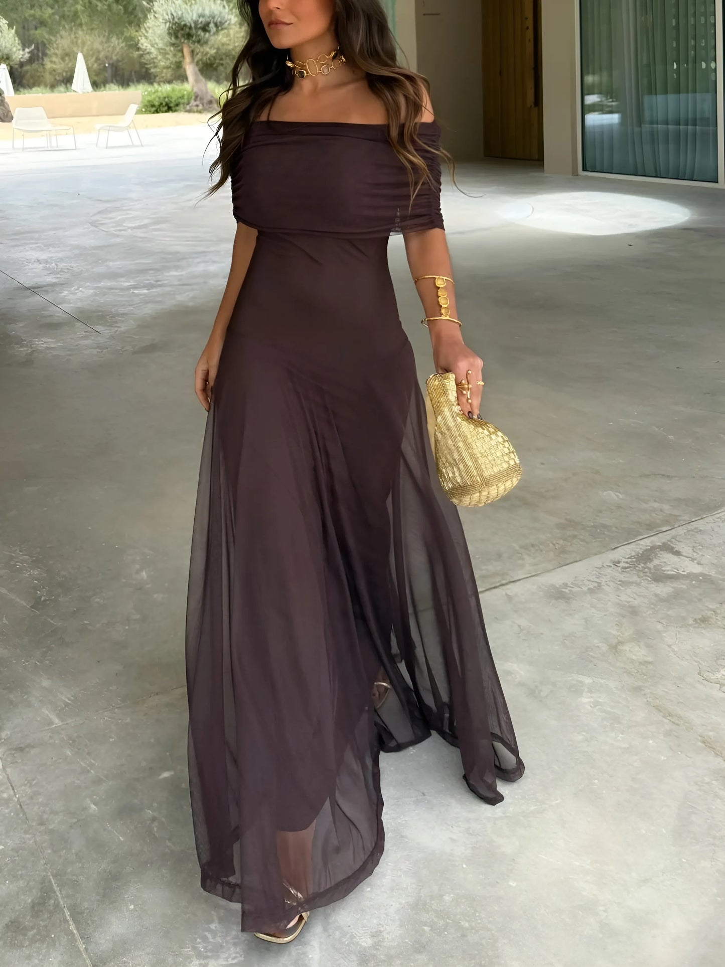 Women's Flowy Elegant Maxi Wedding Guest Dress with Off Shoulder