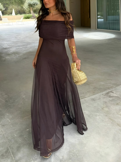 Women's Flowy Elegant Maxi Wedding Guest Dress with Off Shoulder