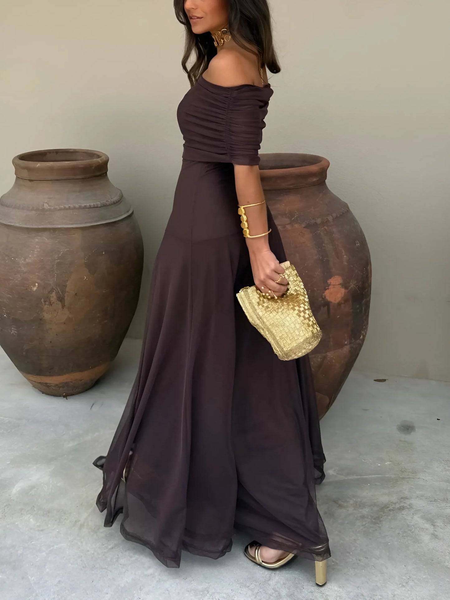 Women's Flowy Elegant Maxi Wedding Guest Dress with Off Shoulder