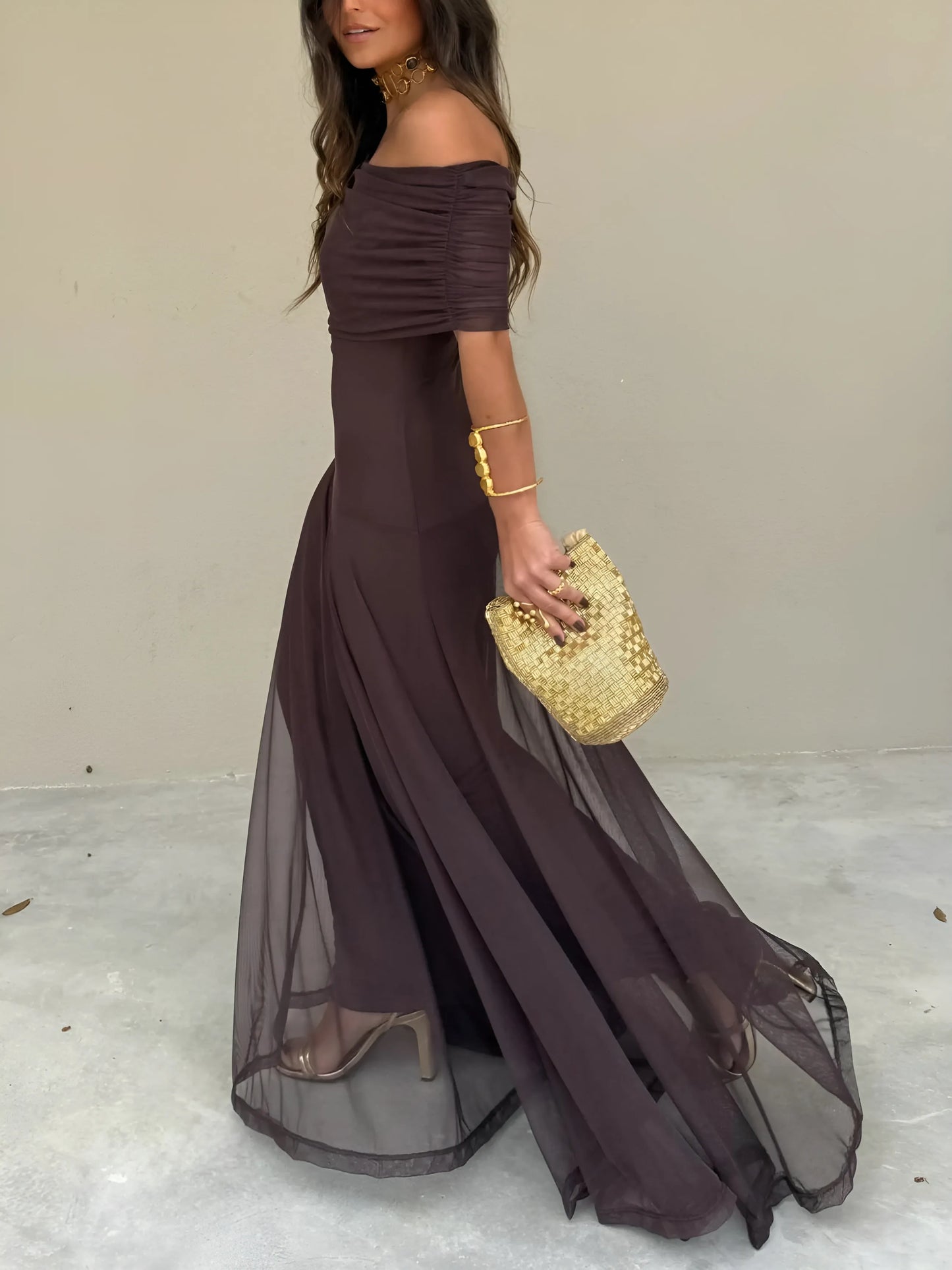 Women's Flowy Elegant Maxi Wedding Guest Dress with Off Shoulder