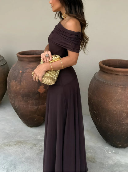 Women's Flowy Elegant Maxi Wedding Guest Dress with Off Shoulder