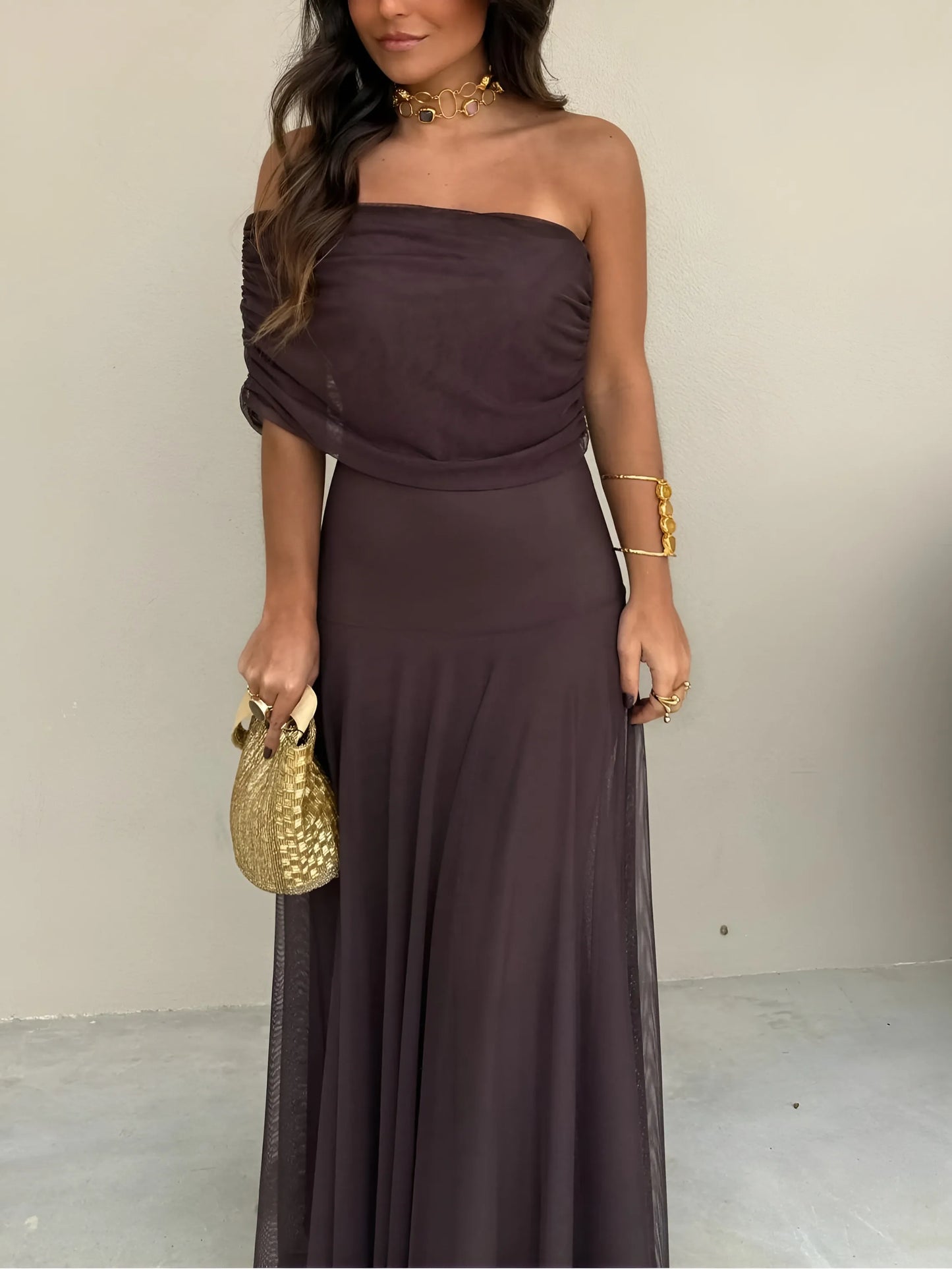 Women's Flowy Elegant Maxi Wedding Guest Dress with Off Shoulder