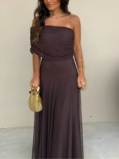 Women's Flowy Elegant Maxi Wedding Guest Dress with Off Shoulder