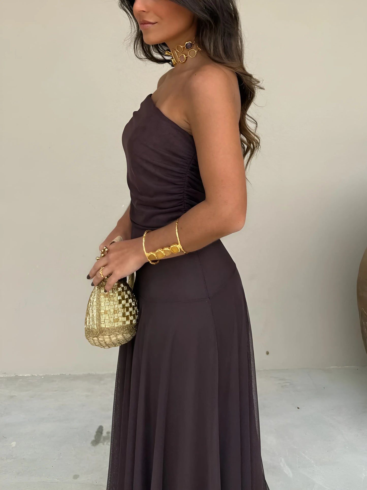 Women's Flowy Elegant Maxi Wedding Guest Dress with Off Shoulder