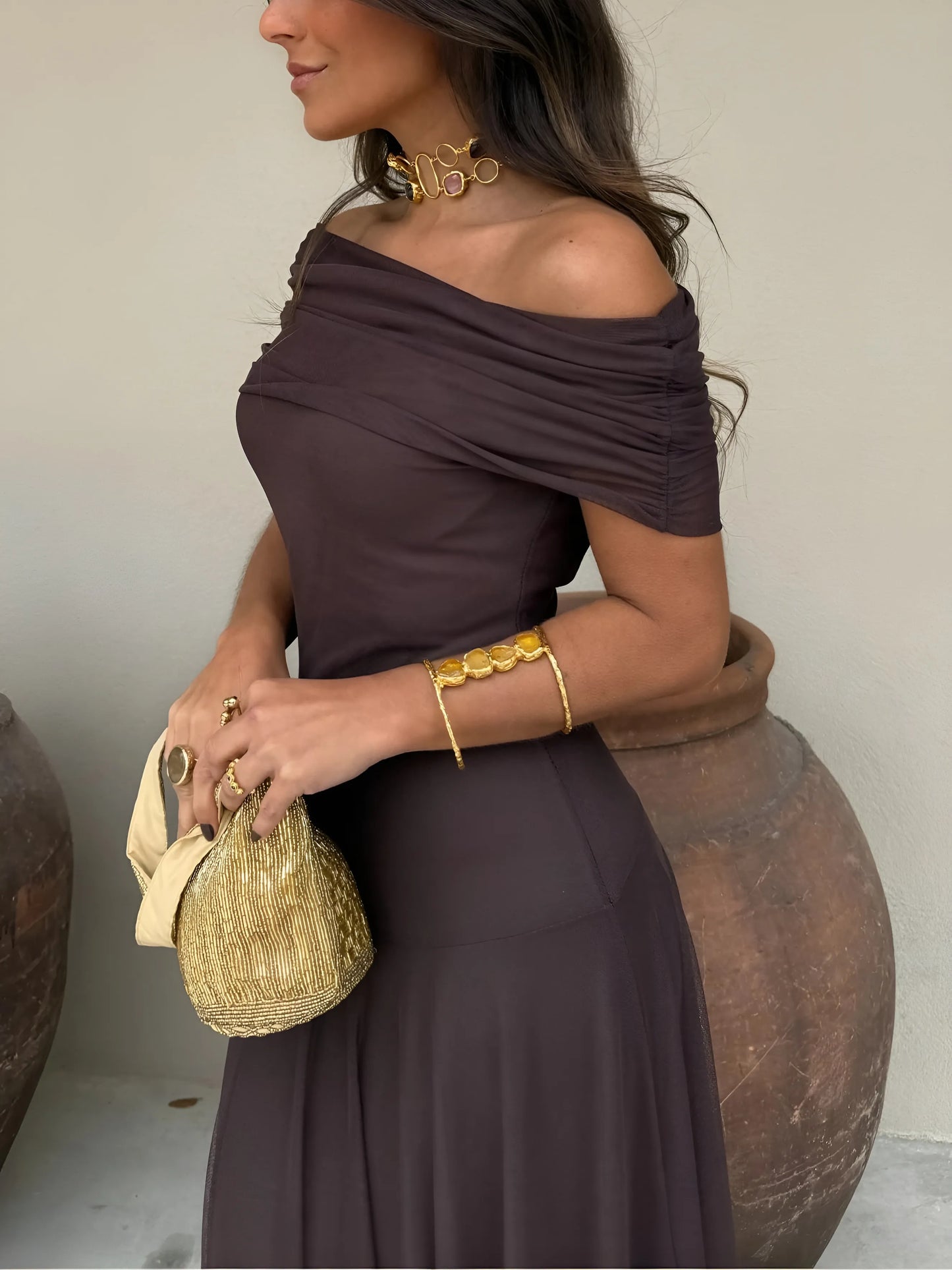 Women's Flowy Elegant Maxi Wedding Guest Dress with Off Shoulder