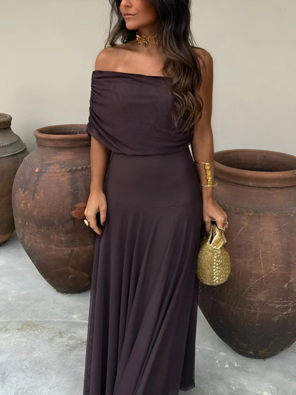 Women's Flowy Elegant Maxi Wedding Guest Dress with Off Shoulder