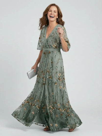 Women's Flowy Floral Maxi Wedding Guest Dress with V Neck