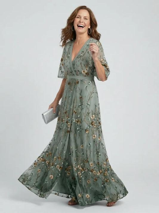 Women's Flowy Floral Maxi Wedding Guest Dress with V Neck