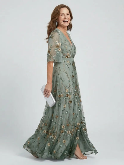 Women's Flowy Floral Maxi Wedding Guest Dress with V Neck