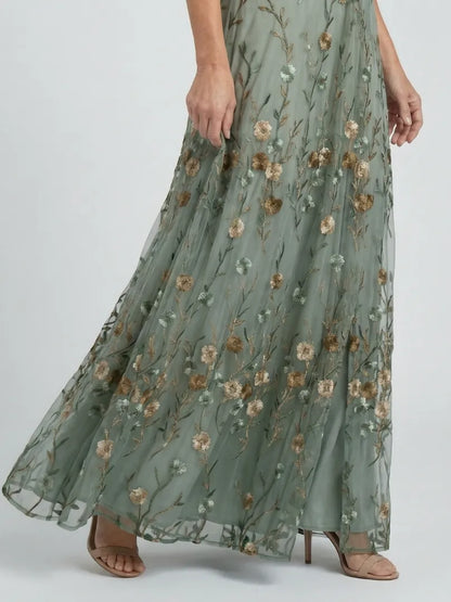 Women's Flowy Floral Maxi Wedding Guest Dress with V Neck