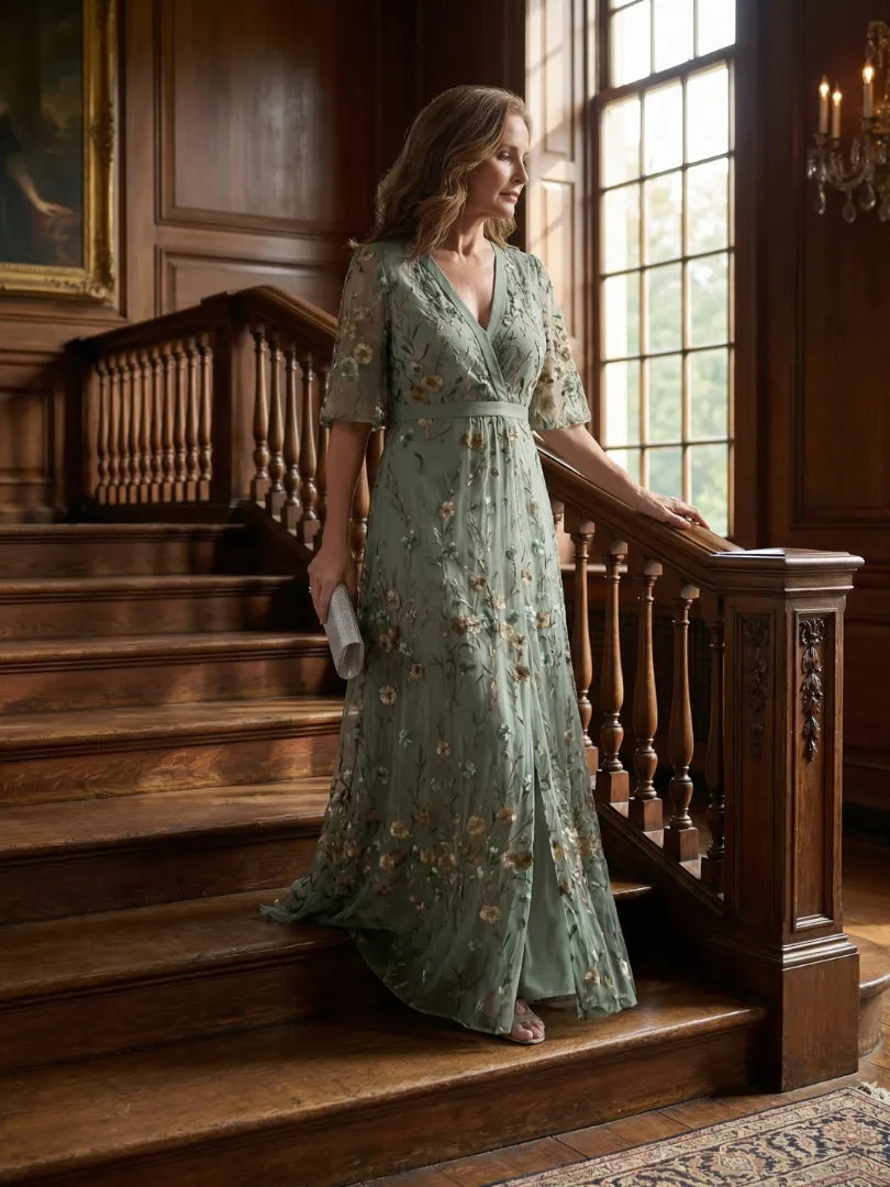 Women's Flowy Floral Maxi Wedding Guest Dress with V Neck