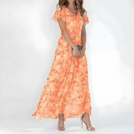Women's Formal Floral Maxi Wedding Guest Dress with Flutter Sleeve