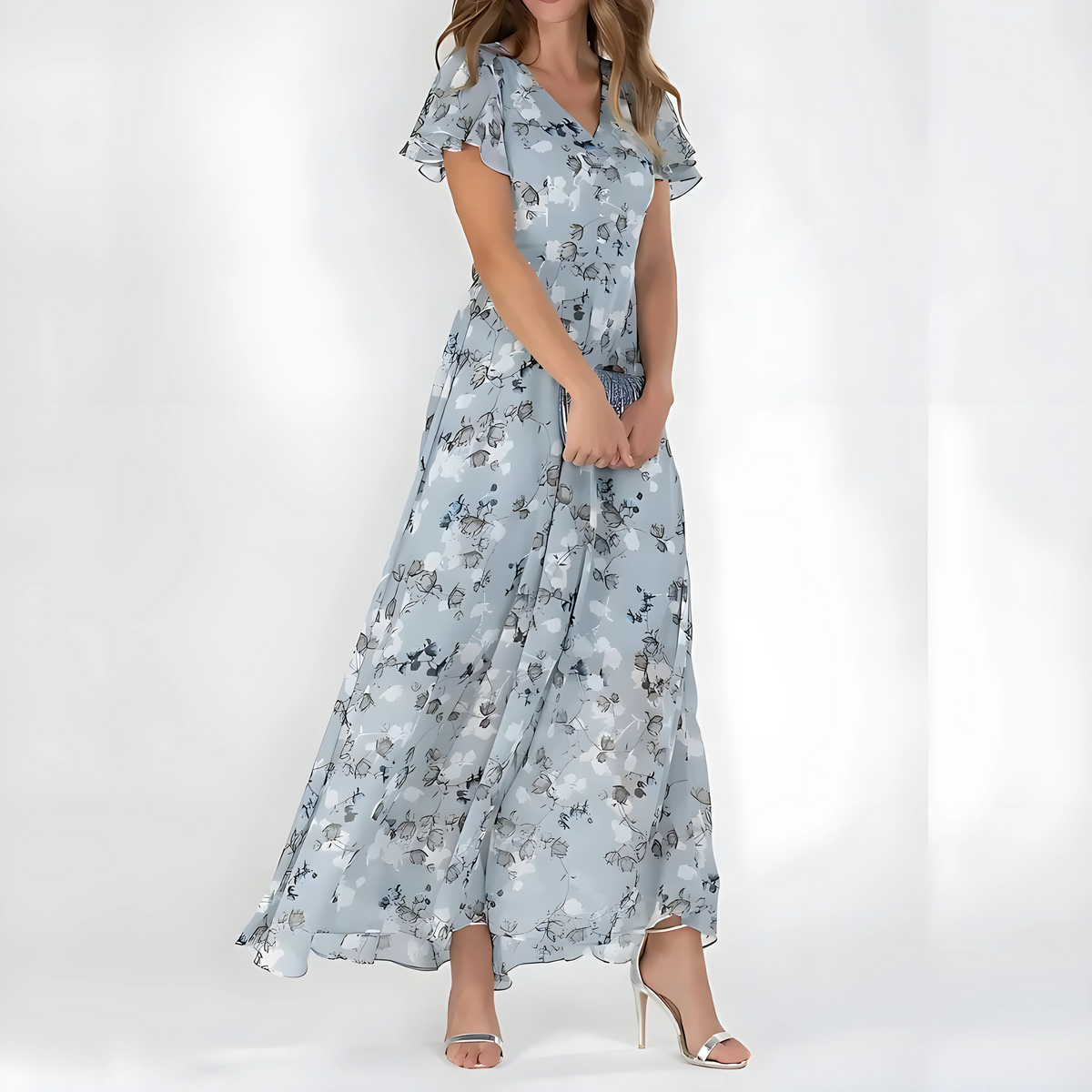 Women's Formal Floral Maxi Wedding Guest Dress with Flutter Sleeve