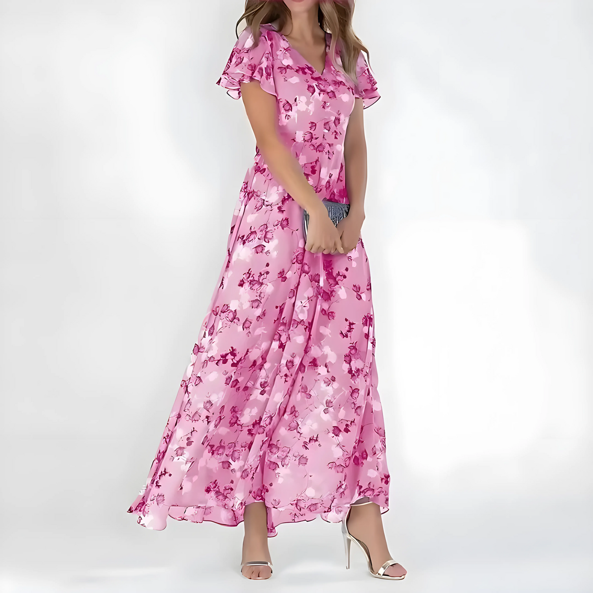 Women's Formal Floral Maxi Wedding Guest Dress with Flutter Sleeve