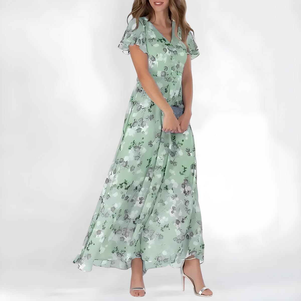 Women's Formal Floral Maxi Wedding Guest Dress with Flutter Sleeve