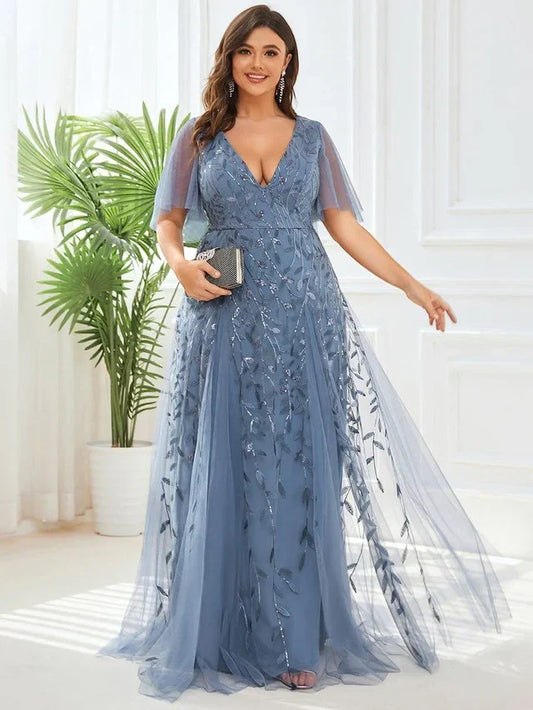 Women's Plus Size V Neck Maxi Wedding Guest Dress with Flutter Sleeve